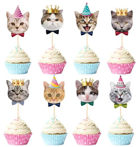 KUAOOAUK 24 Stück Katze Cupcake Topper, Cupcake Cat Sammelfiguren für Katzenliebhaber Kätzchen Thema Babyparty Kinder Geburtstag Hochzeit Party Kuchen Dekorationen Zubehör