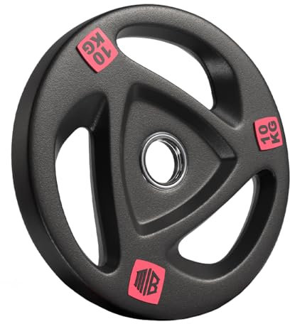 ManiBoom Discos Pesas Hierro ENGOMADO 30mm y 50mm Olimpica con Anillo Interior de Acero y Triple Agarre ERGONOMICO - Disco para Barra o Mancuernas 2,5kg, 5kg, 10kg, 15kg, 20kg (Ø50MM - 1 x 10KG)