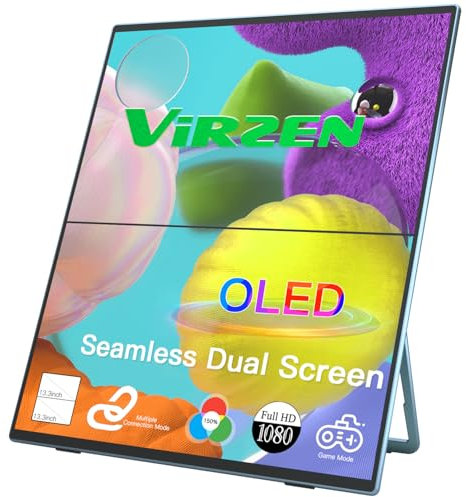 Virzen Portable Monitor OLED Stacked Dual Screen All-in One Seamless 1080P 13.3’’ Triple Screen Extender with VESA Kickstand for Laptop Mini PC Game Console Landscape Portrait Mode No Driver Needed