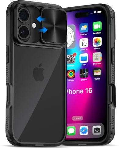 for iPhone 16 Case Black with Camera Cover, 16 Rugged Case Lens Cover Slide | Portable & Heavy Duty & Shockproof Phone Protection for Apple iPhone 16, 16 Military Grade Case with Camera Cover Slide-6.1''