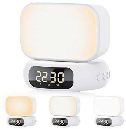 GOMETY LED Nachttischlampe, Lichtwecker für Tiefschläfer, Nachtlicht Kinder Stilllicht Dimmbar, Zeitanzeige, Timer & Wecker, USB-Ladbar, Nachtlicht Baby Wake Up Light mit Weckers für Kinderzimmer