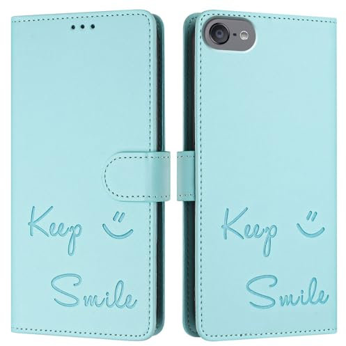 JZ Fall Kunstleder Flip Cover Wallet [Keep Smile][Handgelenk-Nackenriemen][Kartenhalter] Für iPod Touch 7/6/5 Fall - Mint Green