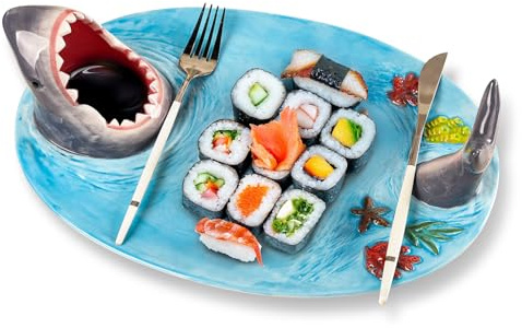 Glazery Blue Ceramic Shark Plate, Shark Sushi Plates, Funny Handmade Kitchen Salad Plates with Dipping Sauce Bowl, Microwave/Oven/Dishwasher Safe Plates, Holiday Birthday Gifts for Shark Party Lovers