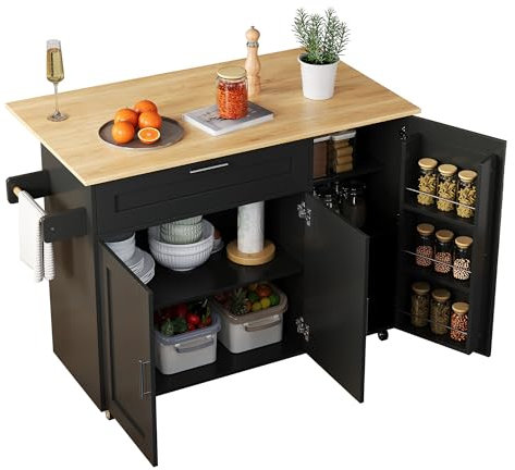 DRIXNO Mobiler Küchentisch, Arbeitsplatte Klappbar, Eiche Maserung, multifunktionaler Schrank, Gewürzregal, Handtuchhalter, 5 Rollen, Schwarz Geeignet für Küche/Essen/Haus