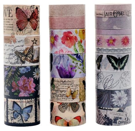 20 Rollen Washi-Tape-Set mit Schmetterlings Blumenmotiv, Dekoratives Klebeband, Farbiges Abdeckband für Scrapbooking-Zubehör, Vintage-Tape-Set für Junk Journal DIY Kunst Basteln Geschenkverpackung