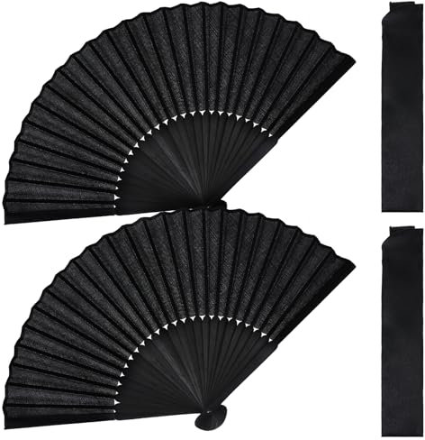 2 Pcs Folding Hand Fan, Black Nylon-Cloth Vintage Retro Fabric Fans Hand Held Fan Chines/Spanish Foldable Fan for Men/Women Wedding Party Favor Performance Dance Home Decorations Festival Gift
