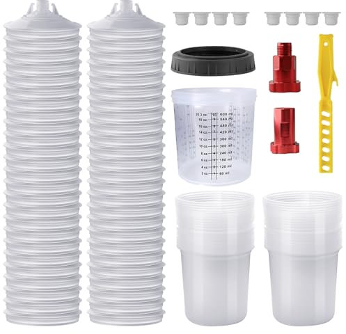 Disposable Paint Mixing Cup 20 Ounce (600 ml) Kit, HVLP Paint Spray Gun Mixing Cup with 50 Cups and Lid System, 10 Plugs and 1 Hard Cup with Holder Ring, 2 Cup Adapters, Paint Stirrer (50 Pieces)