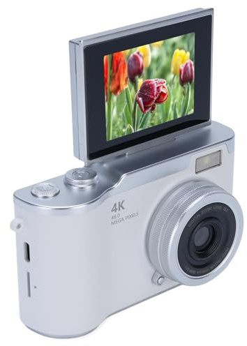 Cámara Digital para Fotografía, Cámara de Vlogging de 48MP 1080p con Pantalla de Volteo de 2,4 Pulgadas 180 °, 8X Cámara Retro Compacta de Zoom Digital (White)