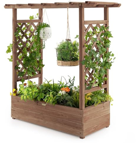GOPLUS Hochbeet mit Rankgitter, Blumenkasten mit hängendem Dach & Ablauflöchern, Pflanzkasten Rankhilfe Pflanzkübel für Garten, Terrasse, Hof (Braun, 100 x 44 x 113,5 cm)