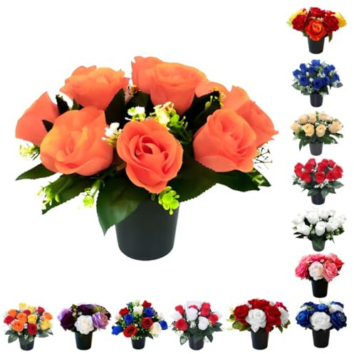 Caliko 25cm Grave Flower Pots with Improved Design | Artificial Flowers for Graves in Pots | 12 Head Orange Cemetery Decorative Artificial Flowers for Christmas & Grave decoration.