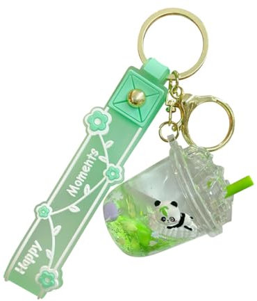 JTDZ Porte-clés créatif en forme de panda flottant avec motif de thé au lait, mignon kawaii liquide, sable mouvant, animal pour clés de voiture, sac pour femme et fille, Vert, taille unique