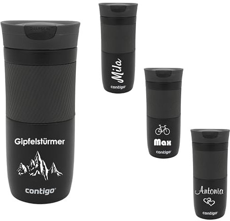 Contigo Taza térmica Byron SNAPSEAL con grabado – Nombre acero inoxidable taza de viaje taza de café para llevar, taza de café a prueba de fugas, tapa fácil de limpiar, sin BPA, 470 ml (negro mate)
