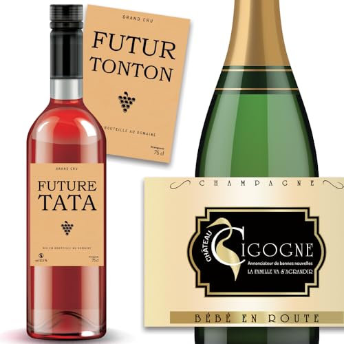 Lot de 3 étiquettes pour bouteilles pour annonce de grossesse originale : étiquette vin futur tonton + future tata + étiquette champagne bébé en route