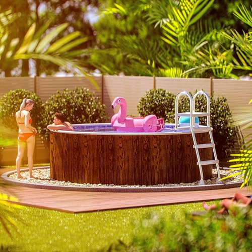poolomio® Stahlwandpool rund 360 x 90 cm Holzoptik | Robuster Gartenpool als Aufstellbecken oder Einbaupool | Aufstellpool Komplettset mit Innenfolie 0,5 mm, Skimmer, Einlaufdüse & Leiter