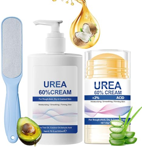 60% Urea Cream und Hydrating and Anti Cracking Foot Cream - Reparaturcreme Stick für Füße Hände, Fußcreme mit Fußfeile für rissige Fersen und trockene Haut - Feuchtigkeit Fusscreme Set (40g+200ml)