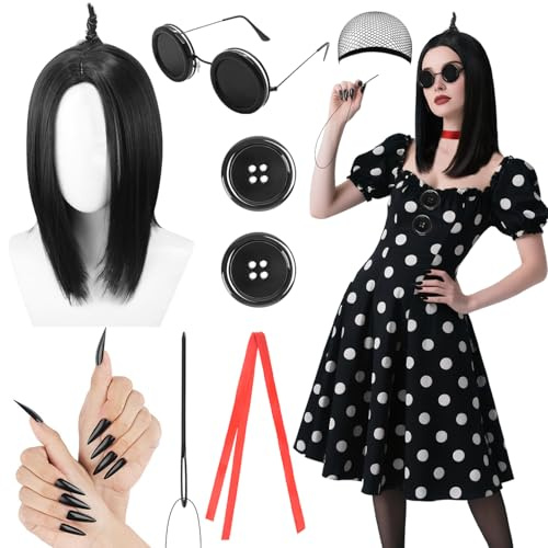 iZoeL Costume Halloween Donne Costume Fantasma Donne Cosplay Mamma Fantasma - Parrucca Occhiali Bottone Neri Nastro Rosso Chiodi Ago Filo