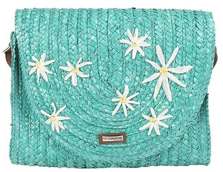 Les Tropéziennes par M.Belarbi | Pochette tressée Koa | Sac bandoulière Femme Inspiration Panier en Paille avec Fleurs brodées | 26 x 19 x 4 cm | Coloris Bleu Turquoise