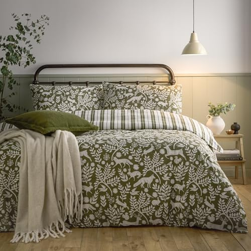 furn. Skandi Woodland Duvet Cover Set – Reversible Striped Scandinavian Forest Animals Brushed Cotton Bedding (Thyme Green - King)
