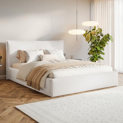 MOTIVENA Leno Bett 200x200 Weiß Boucle, mit Stauraum, mit Kopfteil, mit Lattenrost, ohne Füße, ohne Matratze, Polsterbett 200x200 mit Bettkasten Weiß (Milch)