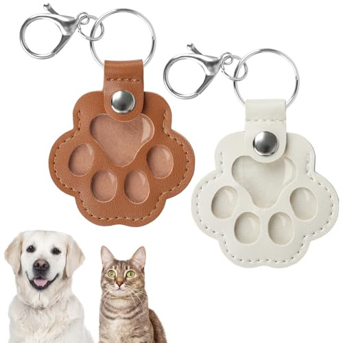 Kiiwah 2 Pièces Porte Clef en Forme de Patte, Souvenir Chien Chat Décédé Personnalisée Collecteur Poils de Chien Chat (Marron + Blanc)