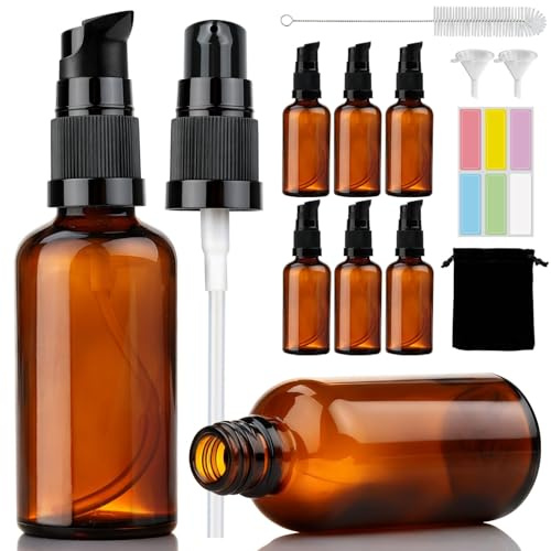 mawmuaw 6 Stück Pumpflasche 100ml Pumpspender Glas Braunglasflasche Leer Glasflaschen Braun mit Pumpe Trichter Aufkleber Reinigungsbürste Samtbeutel für Aromatherapie Kosmetik ätherische Öle