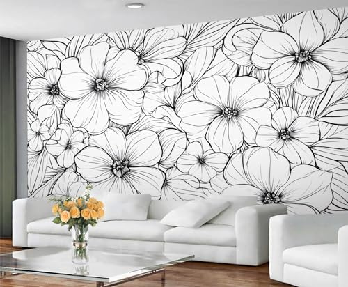 GIVLWF Wallpaper, Floral Large Mural & Home Decor, Rustic Flowers Wallpaper for Living Room, Black and White Bedroom Wall Paper, Non-Self-Adhesive, Murals for Walls
