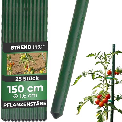 STREND PRO Pflanzstäbe 150 cm - 25 STK. Set | Ø 16 mm Stahl + Kunststoff | Rankstab Grün | Tomaten & Bohnenstangen | Pflanzenstütze groß | Metalle Rankhilfe | Stützstäbe für Pflanzen | Pflanzstütze