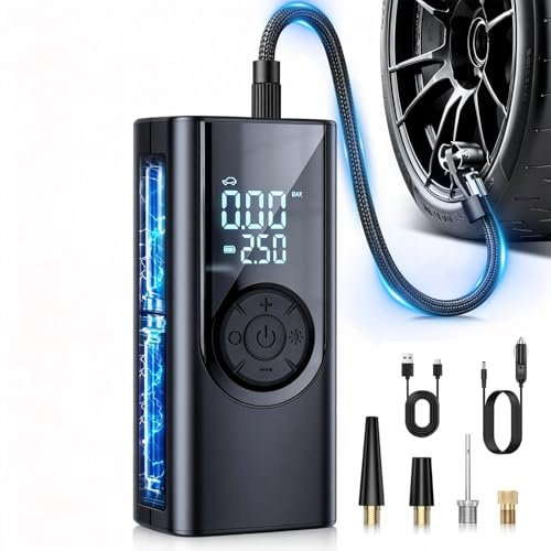 Cordless Tyre Inflator, 150PSI Portable Air Compressor with Dual Power (Battery & 12V DC), Digital Display & LED Light, Fast Inflation Auto Shut-Off Tyre Pump for Car, SUV, Motorcycle & Ball