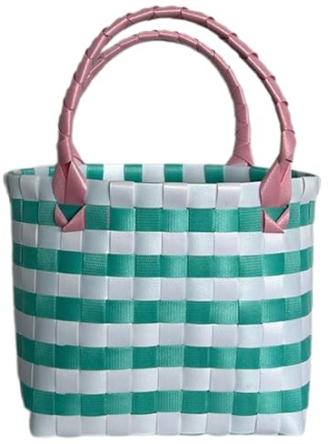 Einkaufstasche Shopper Geflochten Strandkorb Vielseitiger Aufbewahrungskorb | Einkaufskorb aus Kunststoff Shopping-Bag Tragetasche Praktischer Korb Für Picknick Und Haushaltsorganisation,Grün