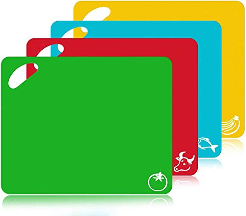 YFCXKPLP Plastic Cutting Board - 4 Pcs Extra Thick Flexible Plastic Chopping Board Mats with Food Icons, 1.3 MM Non Slip Antimicrobial Easy Hanging Boards, Dishwasher Safety