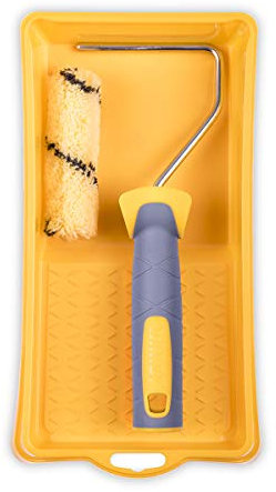 HARDY WORKING TOOLS Maler Set, Farbrolle, Farbwanne und Farbwalzen aus Polyester, Florhöhe 9mm, Länge 10cm, Durchmesse 15mm, gelb-schwarz-grau, A0180-529000