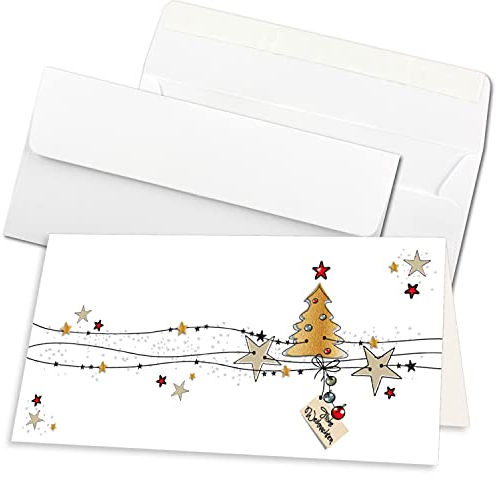 NEUSER PAPIER 100x Weihnachtskarten-Set DIN Lang in Weiß mit Weihnachtsbaum und Sternen - Faltkarten mit passenden Umschlägen DIN Lang Hochweiß mit Haftklebung - Weihnachtsgrüße für Firmen und Privat