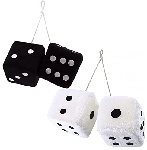 Roar STRAWESOME [4 Würfel 2 Stück] Retro Hängewürfel für Autospiegel Schwarz und Weiß (Nostalgische 80er Jahre Fuzzy Auto Würfel für Spiegel) Plüsch Auto Zubehör (2 Stück)