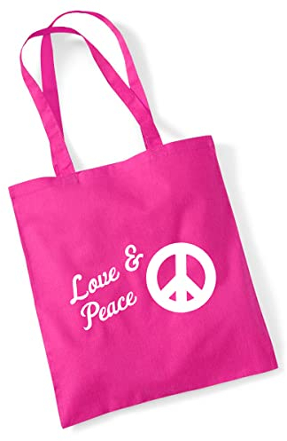 huuraa Jutebeutel Love & Peace Liebe Jutetasche Baumwolle 10 Liter Fuchsia mit Friedens Motiv Geschenk Idee für Freunde und Familie