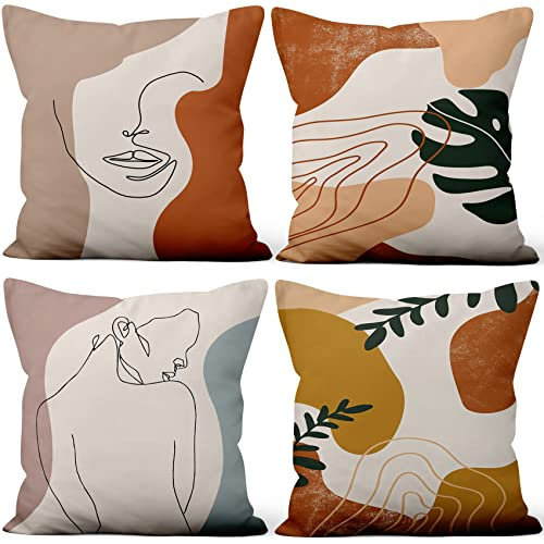 Aoihrraan Fodere per Cuscini Set di 4, Minimalista Astratto Uomo Viso Donna Foglie Della Linea Del Corpo Morbido Peluche Corto Quadrato Federa per Divano Camera da Letto 40x40cm (Stile retrò sbiadito)