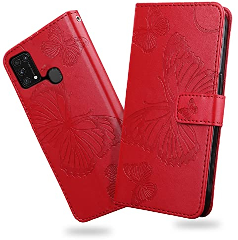 DENDICO Hülle für Galaxy M31, PU Leder Magnetverschluss Flip Handyhülle Schutzhülle mit Standfunktion und Kartenfach für Samsung Galaxy M31, Rot
