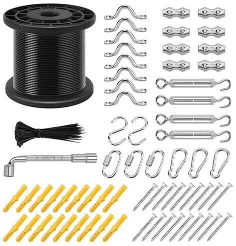 String Light Hanging Kit 50M String Lights Suspension Kit with Nylon Coated and Stainless Steel 304 Wire Rope Light Hanging Kit for Outdoors Mounting