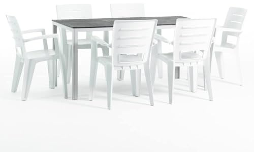 SIEDITI FUORI E DENTRO Set tavolo Thomas + 6 Sedie Anita (tavolo con struttura in ferro e sedie in resina) (Tavolo bianco/ardesia + sedie bianche)