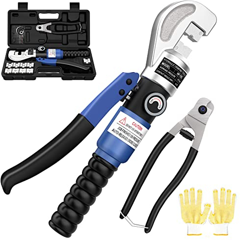 CKE Pince à sertir hydraulique de 10 tonnes - Outil à main pour raccords de câble en acier inoxydable - Pour câbles de 0,3 cm et 0,9 cm - Outil à sertir hydraulique - Outil à sertir avec 11 matrices