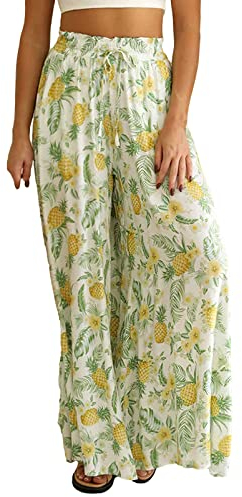 aromm Palazzo Femme Jambe Large Pantalons Taille Élastiquée Casual Longue Pantalon Impression Ananas,XXL
