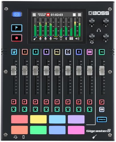 BOSS Gigcaster 8 | 8-Channel Audio Streaming Mixer with Direct Guitar/Bass Input | 4 XLR/TRS Combo Inputs | Built-In Stereo Mic | 8 SFX Pads | 20x14 USB Audio Interface | Onboard Recording | Bluetooth