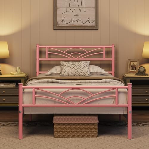 costoffs 3ft Single Bed, Solid Metal Bed Frame, Slatted Bed Base with Cloud-inspired Design Headboard and Footboard for Teenagers Adults, Pink