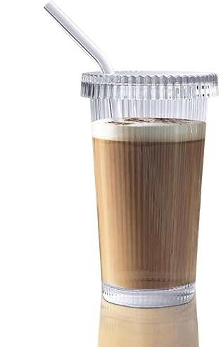 My Brouk Gobelet en verre Vintage avec couvercle et paille : smoothie, Bubble Tea, cocktail, café, soda, striée transparent chaud froid