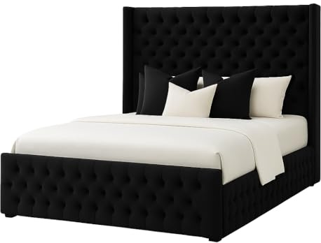 Atomic Sleep Luxury Chesterfield Wingback Bed Frame - Upholstered in Plush Velvet Fabric with Mattress/Gas Lift Option - UK Made (Black Plush, Small Double 4ft with gas lift storage)