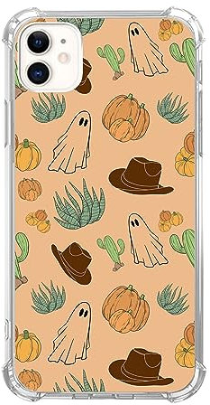 Rewput Halloween Ghost Cactus Phone Case for iPhone 12/iPhone 12 Pro, Western Cowboy hat Pumpkin Cover for Women Men Girls Boys, Trendy Design TPU Bumper Case for iPhone 12/iPhone 12 Pro