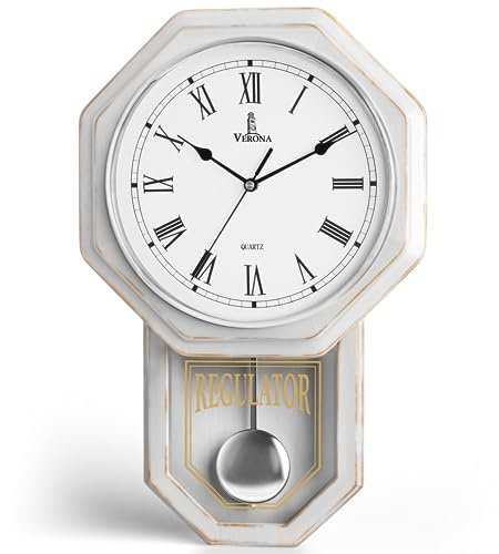 Orologio da parete a pendolo bianco – Orologio da parete rustico in legno – Orologio regolatore a batteria – Orologio a pendolo in legno – Orologio decorativo da parete per soggiorno, casa, ufficio e