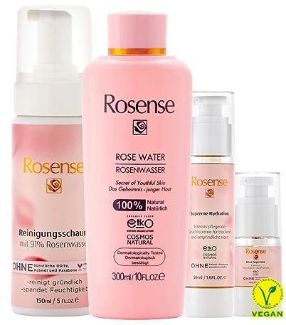 Rosense Pflegeset für trockene/empfindliche Haut: Reinigungsschaum 150ml mit Panthenol,Rosenwasser/Gesichtswasser 300ml,Gesichtscreme mit Hyaluronsäure 50ml,Augenserum 15ml - Hautpflegepaket