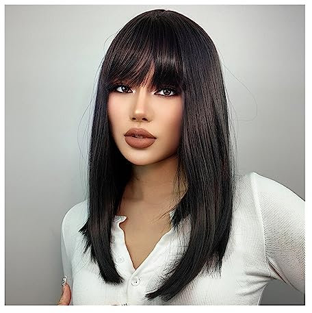 Damen Perücken Natürliche schwarze mittlere gerade Bob-Synthetik-Perücke, Cosplay-Party, Lolita, Damen-Mädchen-Perücken mit Pony, hitzebeständige Faser Beauty Ladieshair