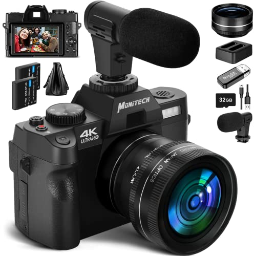Monitech 48MP Digitalkamera 4K Videokamera Reversible Display Point and Shoot Kameras für Fotografie 16X Digitalzoom Digitalkameras für Fotografie Vlogging Kamera für YouTube mit 32GB Karte,DE-WJ