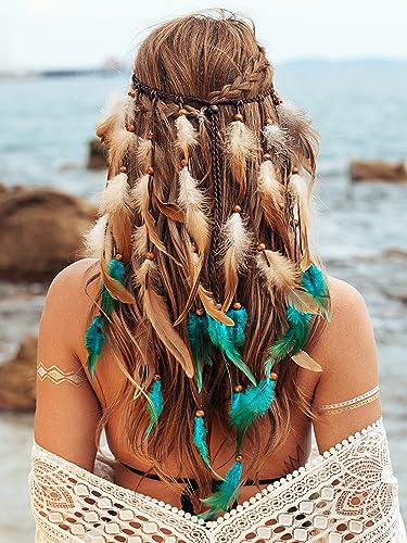Fashband Serre-tête indien à plumes et pampilles style bohème - Coiffe tribale bleue avec perles - Accessoire de cheveux pour femmes et filles